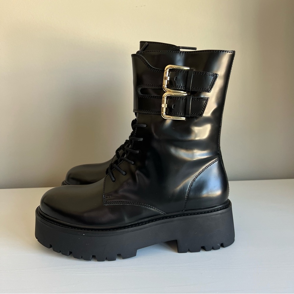 NIB H&M black leather combat boots genuine leather US size 7